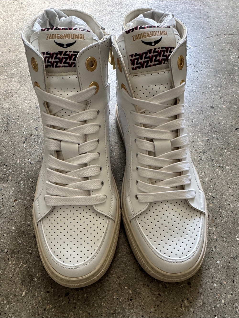 Zadig & Voltaire White Leather High-Top Sneakers with Gold Eyelets